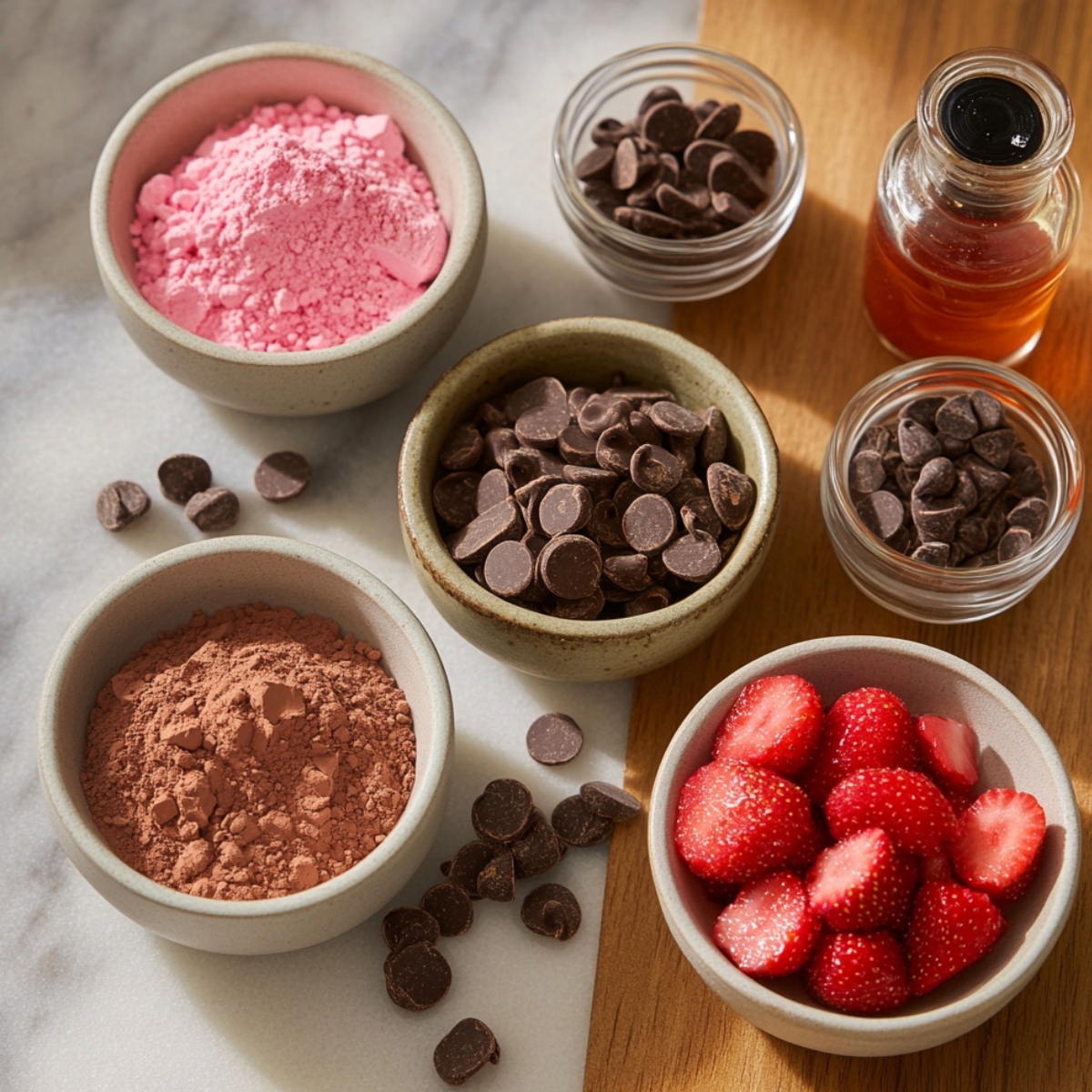 Bowls of cocoa powder, chocolate chips, freeze-dried strawberry powder, fresh strawberries, and almond extract on a kitchen counter.