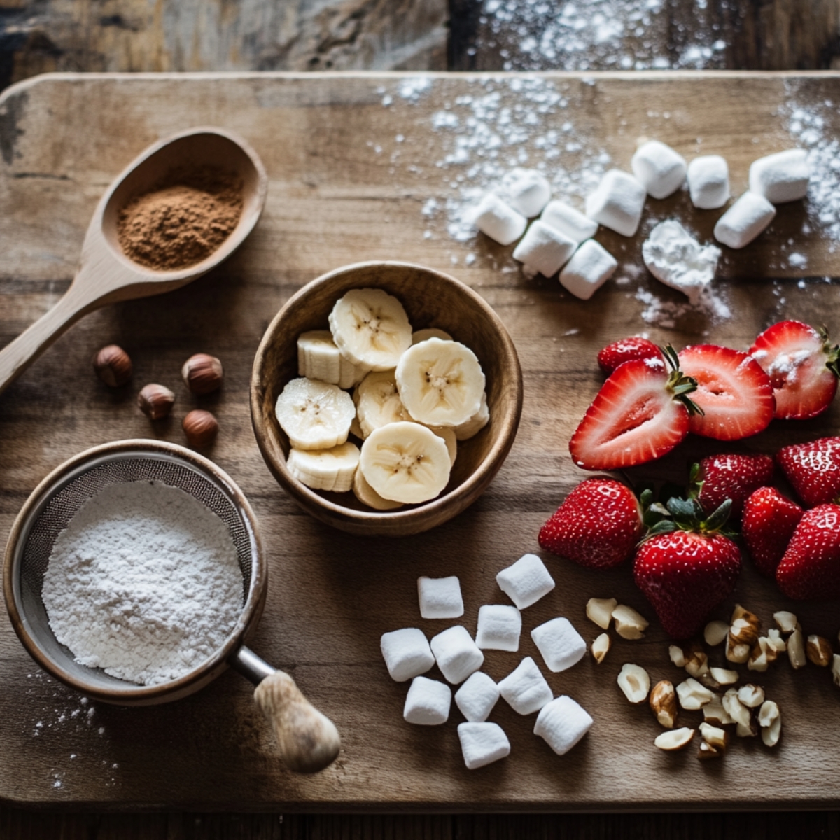 Sliced bananas, strawberries, mini marshmallows, chopped and whole hazelnuts, cinnamon, and powdered sugar arranged on a wooden board in a cozy kitchen setting.