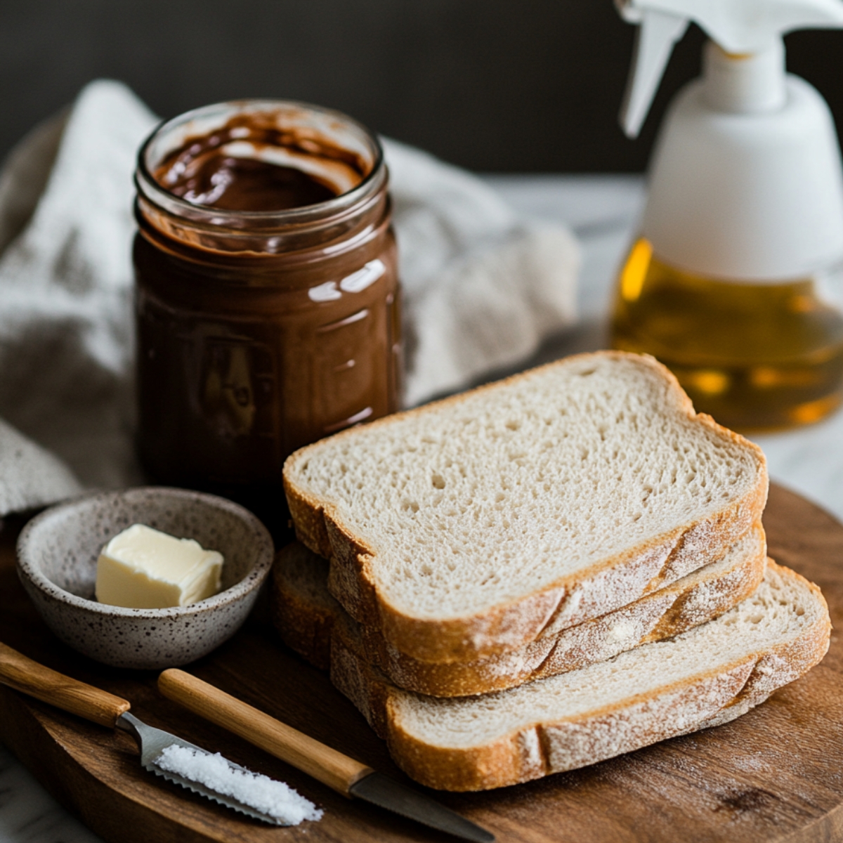 Stacked white bread slices, a jar of Nutella, butter in a small dish, a butter knife with salt, and an oil spray bottle on a wooden board in a cozy kitchen setting.