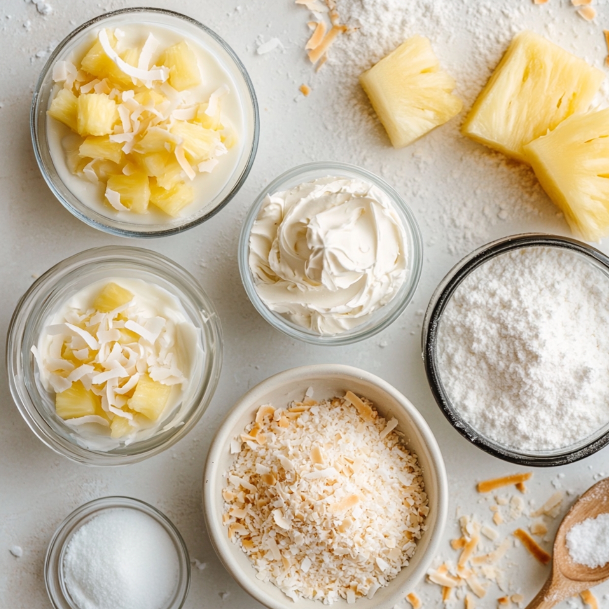 Bowls of cream cheese, powdered sugar, pineapple, shredded and toasted coconut, and salt on a white surface with scattered flakes for a homemade pineapple coconut cake.