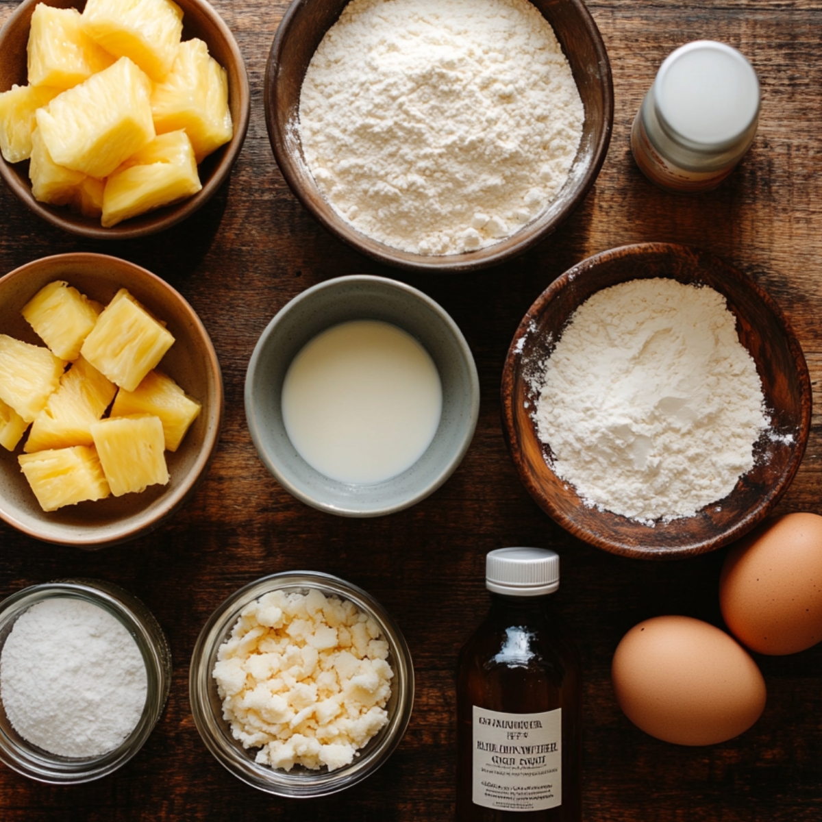 Flat lay of real pineapple coconut cake ingredients on a rustic wooden table: flour, powdered sugar, milk, eggs, pineapple chunks, cream cheese, and vanilla extract in ceramic and glass bowls, naturally lit for a cozy, homemade vibe.
