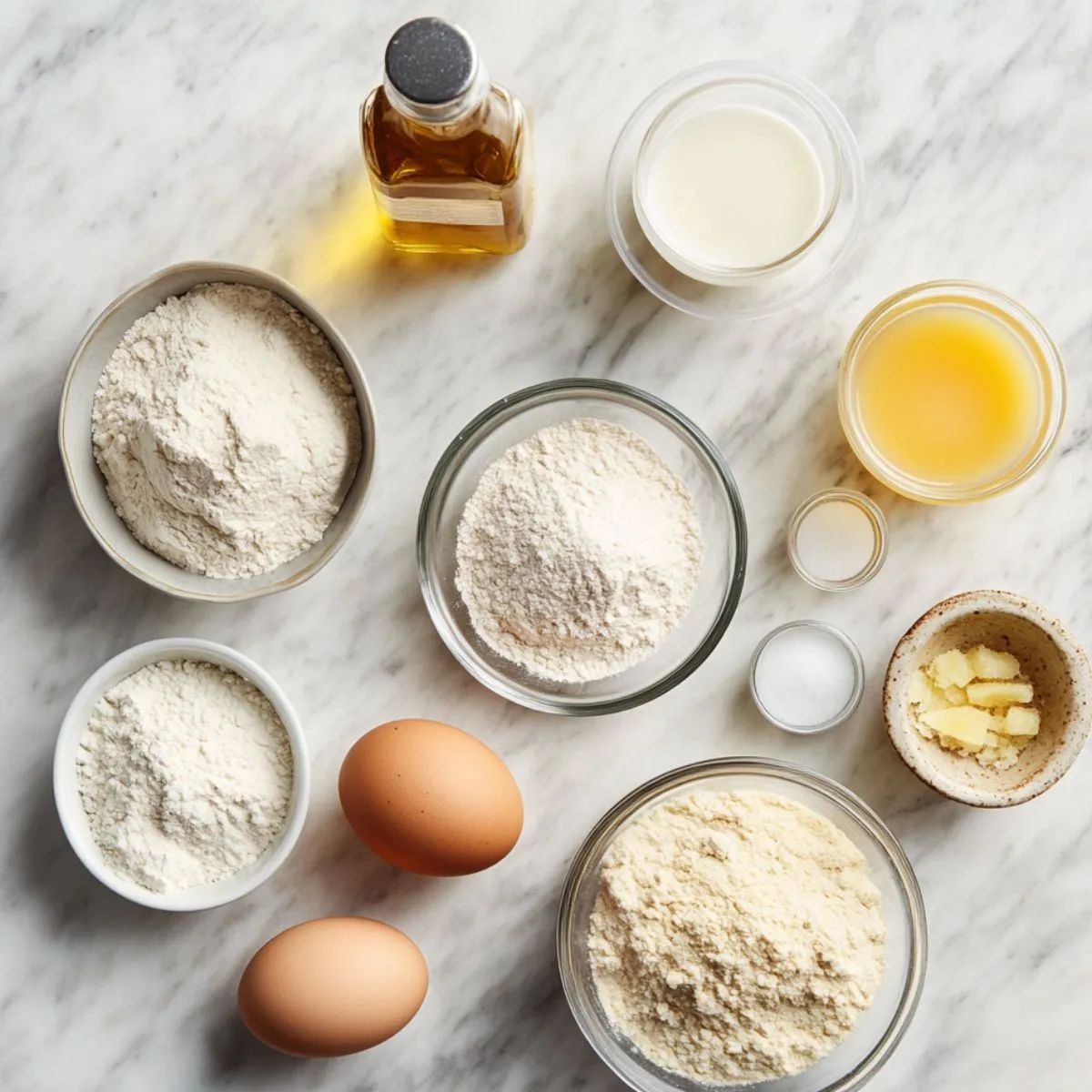 Ingredients for homemade pineapple upside down cake recipe, including flour, eggs, sugar, milk, pineapple juice, oil, and butter, arranged on a marble surface.