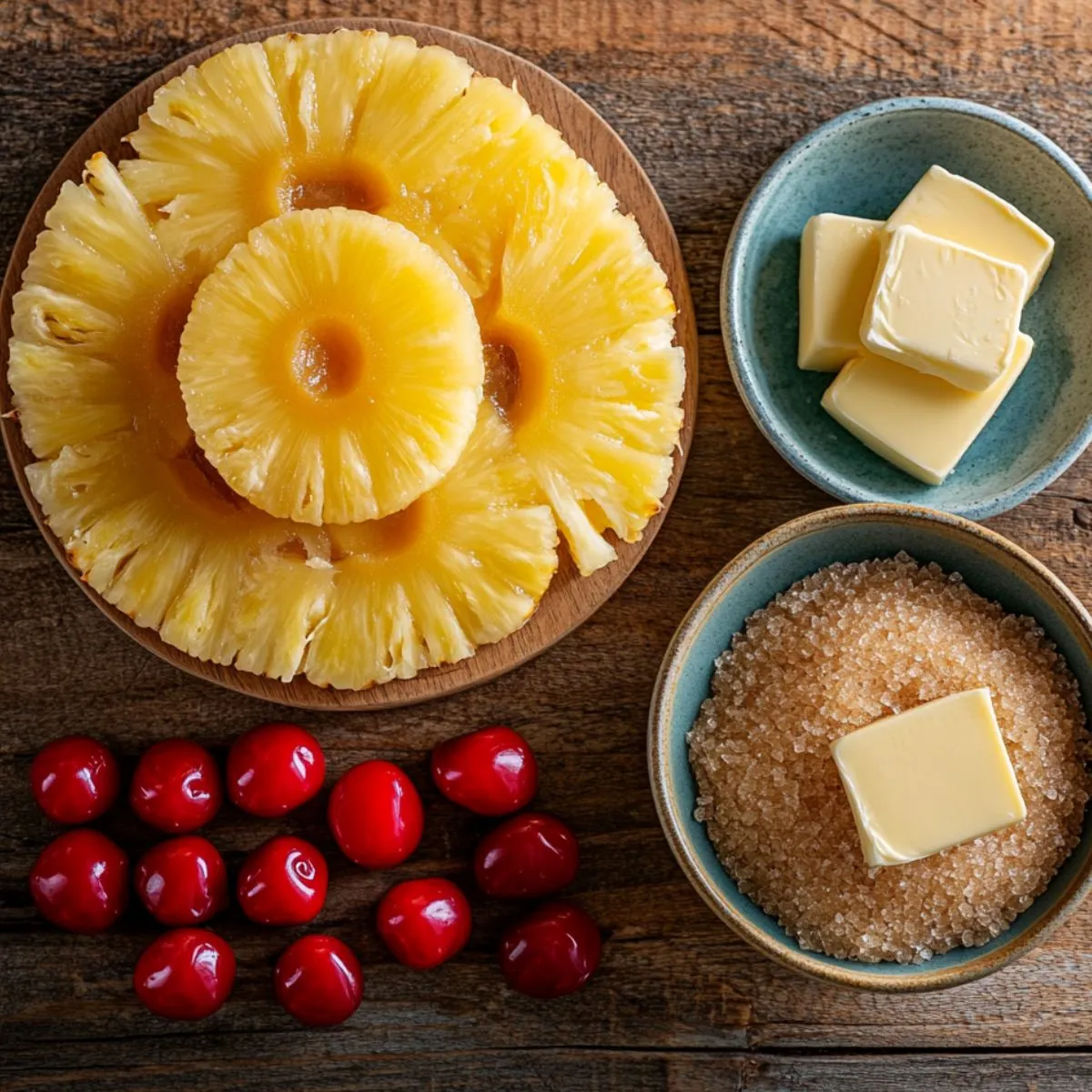 Ingredients for homemade pineapple upside down cake recipe: pineapple slices, maraschino cherries, butter, and brown sugar arranged on a rustic wooden table.