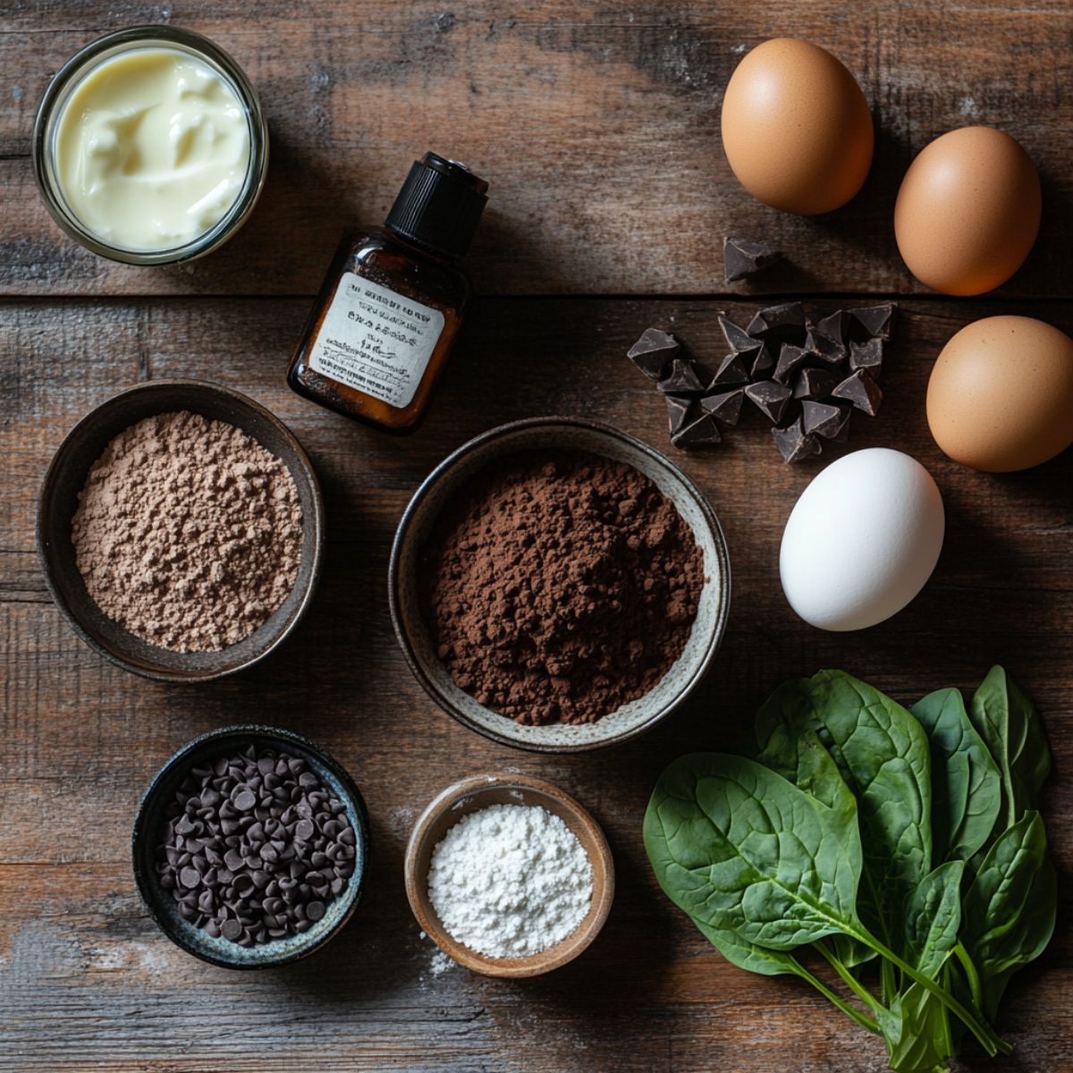 Spinach brownies ingredients on a rustic wooden table—cocoa powders, chocolate chips, eggs, flour, vanilla, yogurt, and fresh spinach in a cozy homemade setup.
