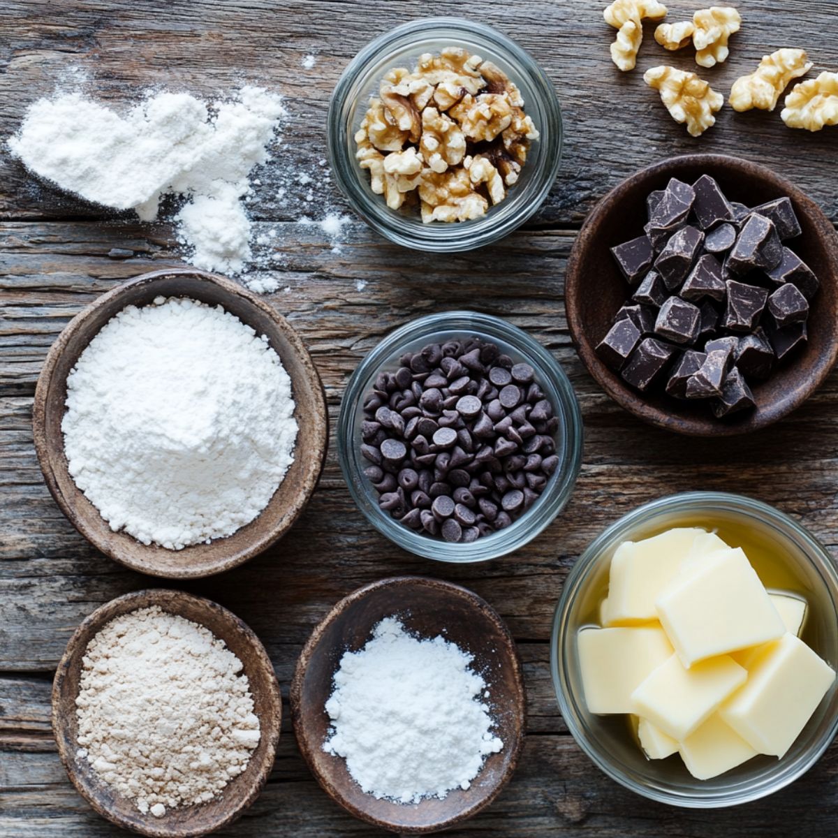 Homemade spinach brownies ingredients on a rustic wooden table—flour, cocoa, sugar, chocolate chips, walnuts, and butter arranged in small bowls with light spills for a cozy, real-kitchen feel.