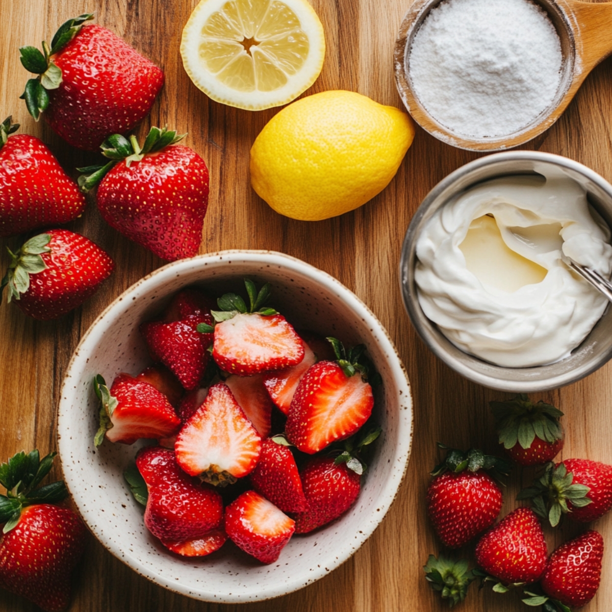 Fresh strawberries, lemons, powdered sugar, and whipped cream arranged on a wooden surface, ready for topping a homemade strawberry tres leches cake.