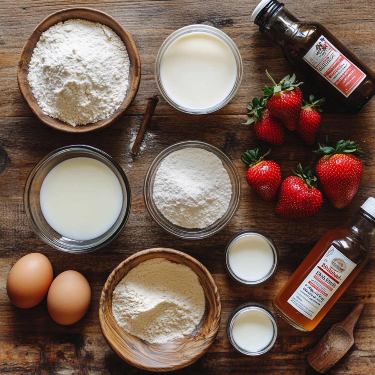 Ingredients for strawberry tres leches cake laid out on a wooden surface, including flour, sugar, eggs, milk, vanilla extract, and fresh strawberries.
