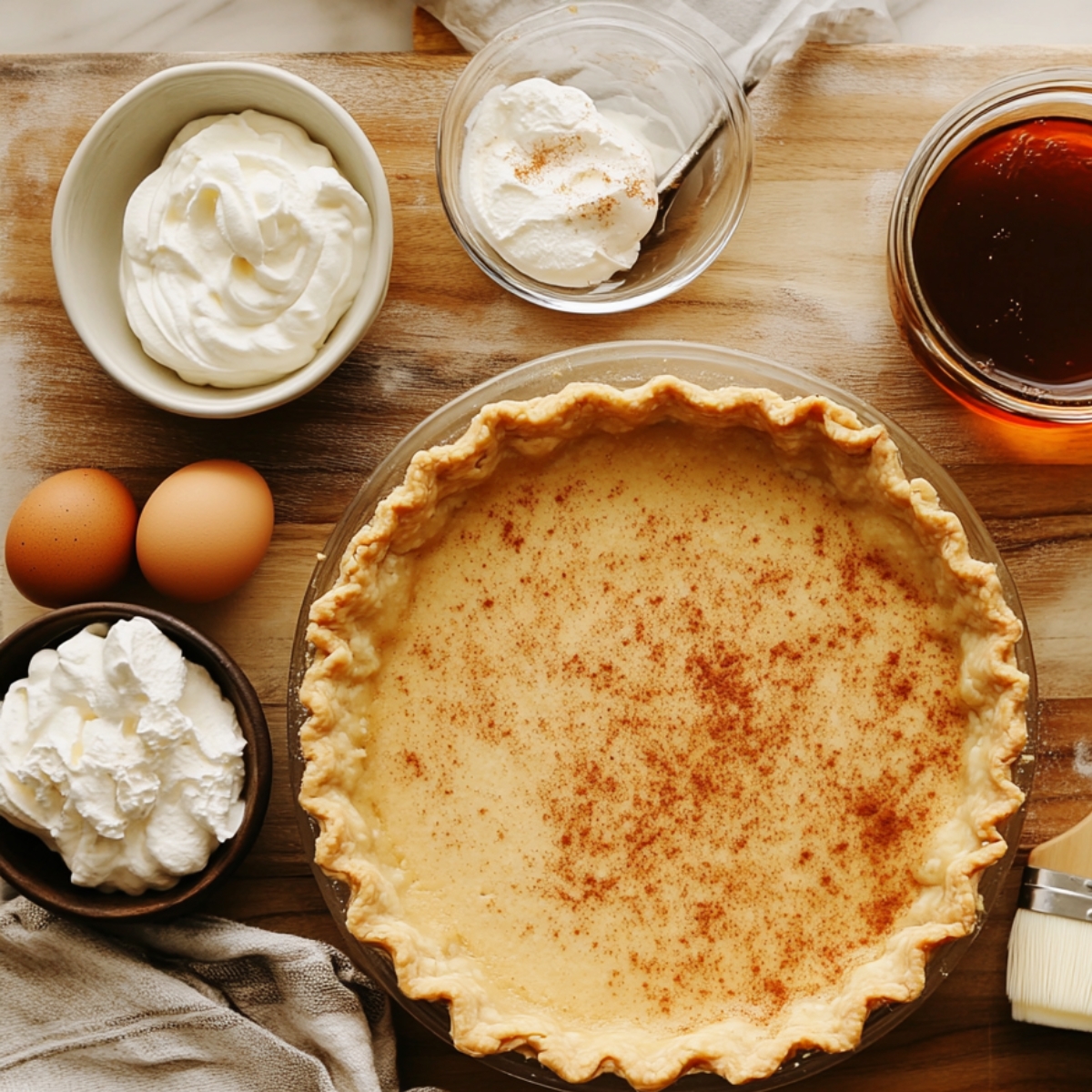 Homemade sweet potato pie in a flaky crust, lightly dusted with cinnamon, surrounded by eggs, whipped cream, and maple syrup on a wooden board.