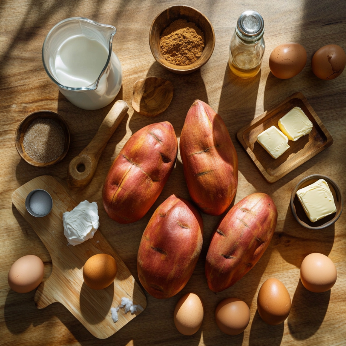 Sweet potatoes, eggs, butter, cream, sugar, and spices laid out on a wooden kitchen counter in warm natural light, ready for homemade sweet potato pie.