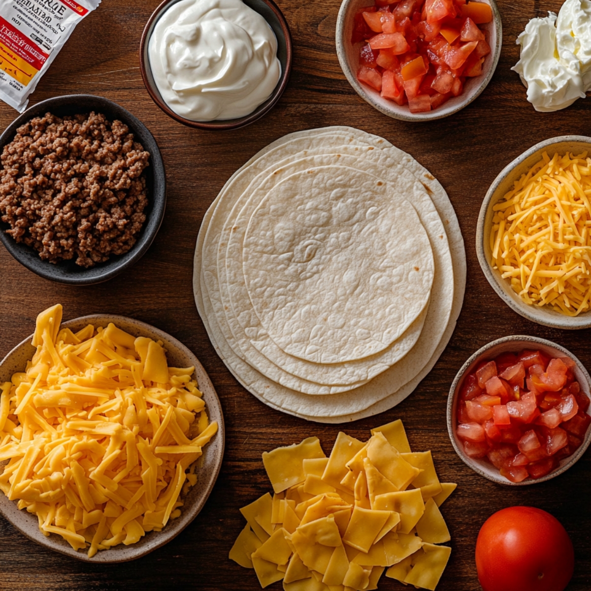 Taco cupcake ingredients on a wooden table: stacked flour tortillas, cooked ground beef, shredded and cubed cheese, diced tomatoes, sour cream, a taco seasoning packet, and a whole tomato. Warm, homemade feel.