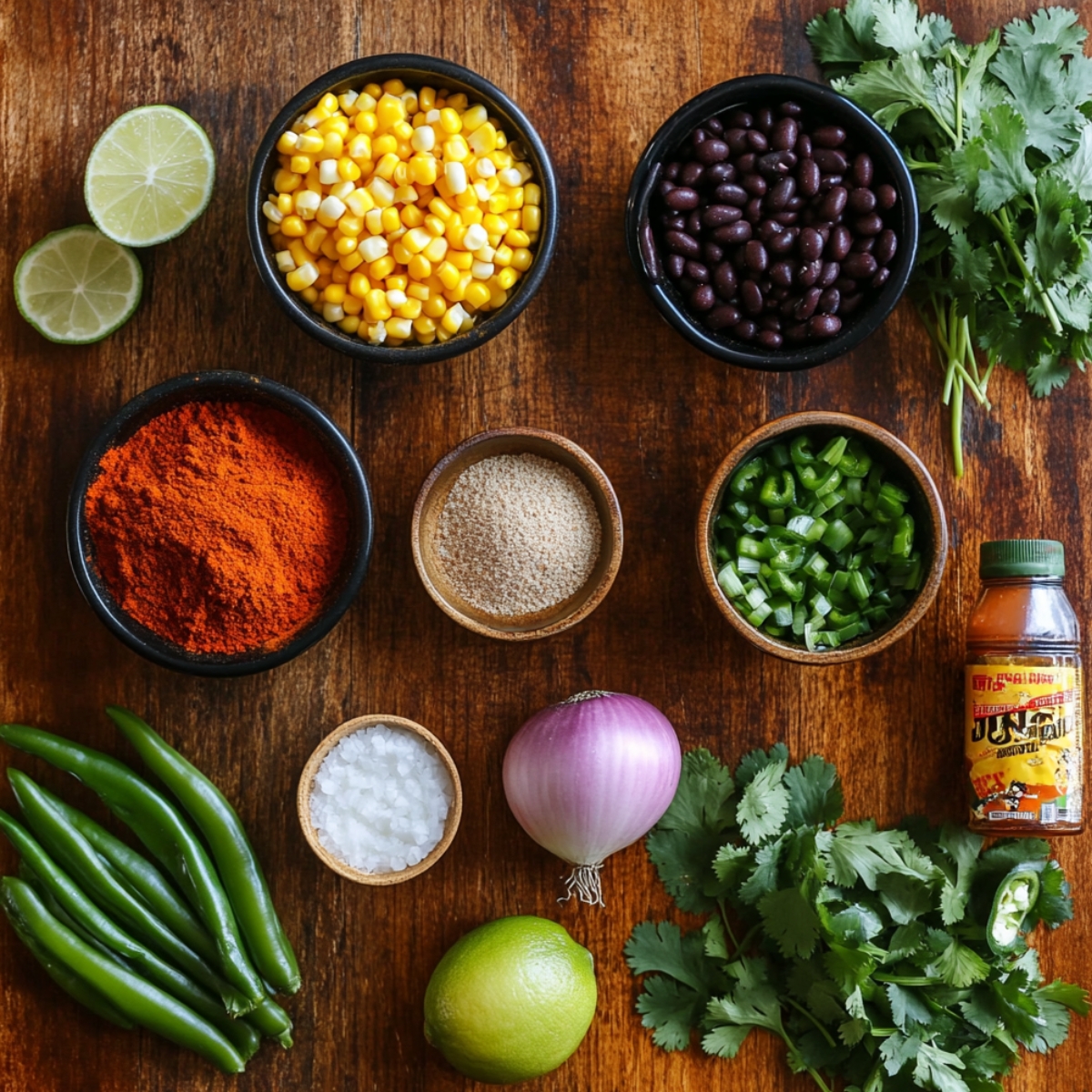 Fresh taco ingredients on a rustic wooden table: bowls of corn, black beans, chili powder, garlic powder, chopped jalapeños, coarse salt, a red onion, whole and halved limes, green chilies, fresh cilantro, and a bottle of hot sauce.