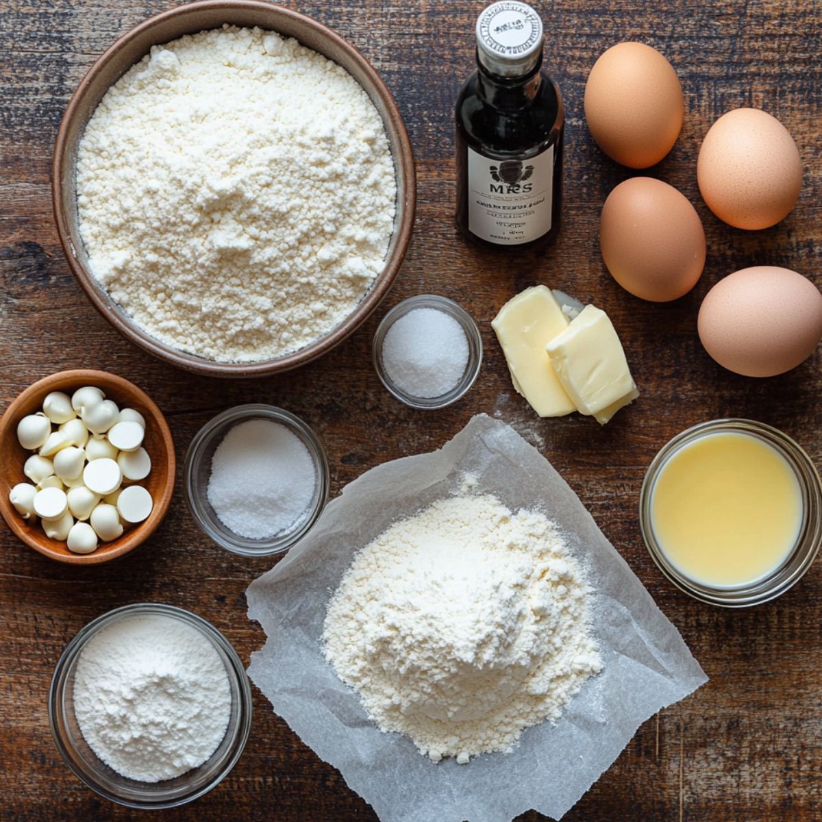 White German chocolate cake ingredients arranged on a rustic wooden surface, including flour, eggs, butter, sugar, vanilla, buttermilk, and white chocolate chips.