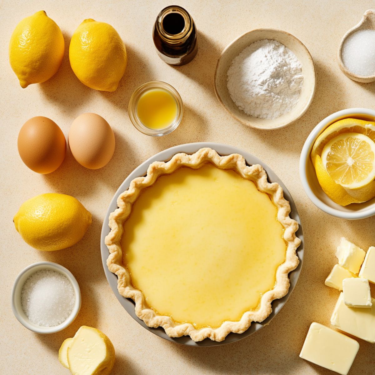 Top view of a homemade lemon meringue pie with crust and lemon filling, surrounded by fresh lemons, eggs, butter, sugar, and other baking ingredients on a beige countertop.