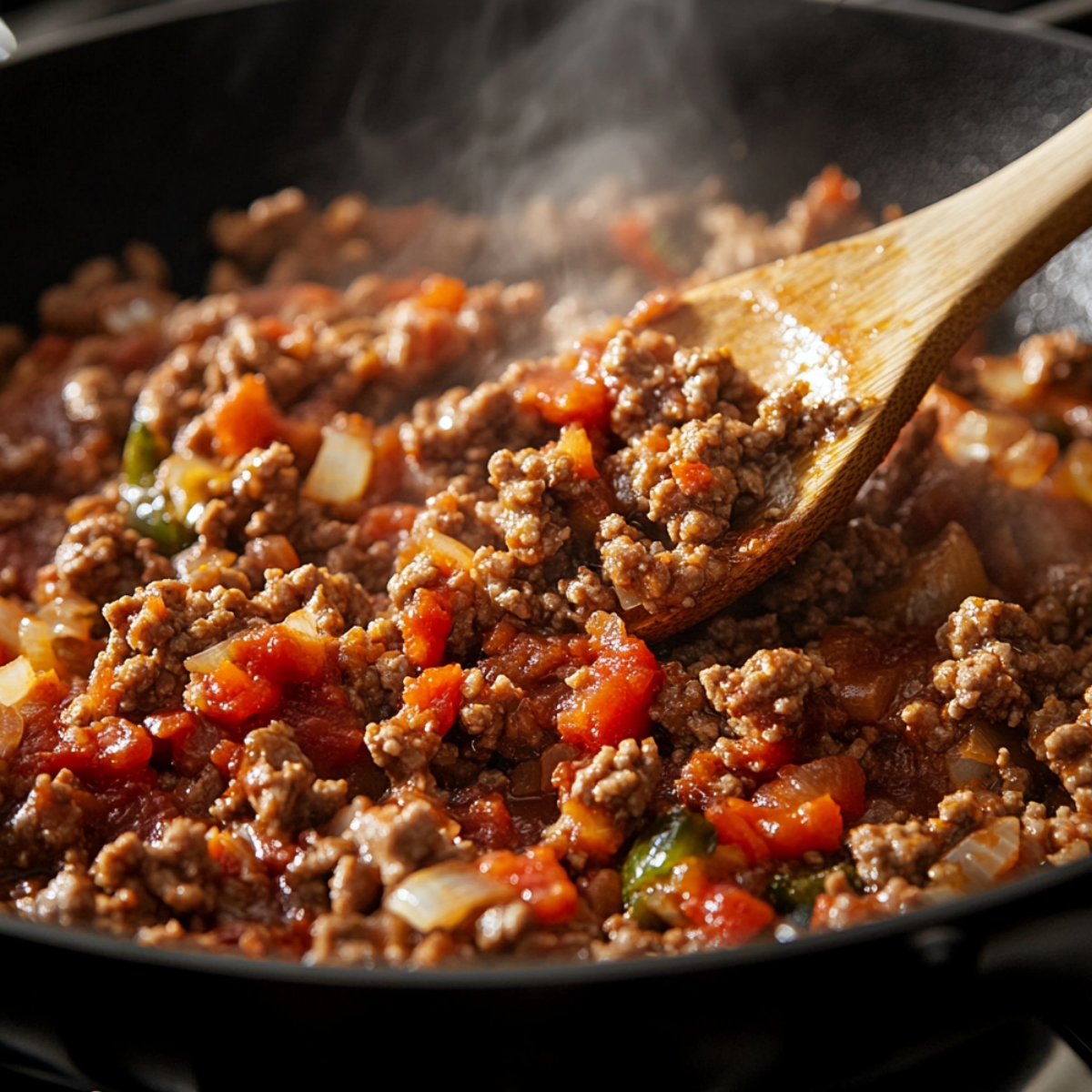 Ground meat simmering in a skillet with chopped tomatoes, onions, and seasonings, stirred with a wooden spoon in a warm home kitchen setting.