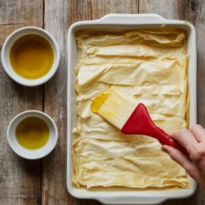Brushing olive oil over layered phyllo dough in a white baking dish, with two bowls of oil on a rustic wooden table.