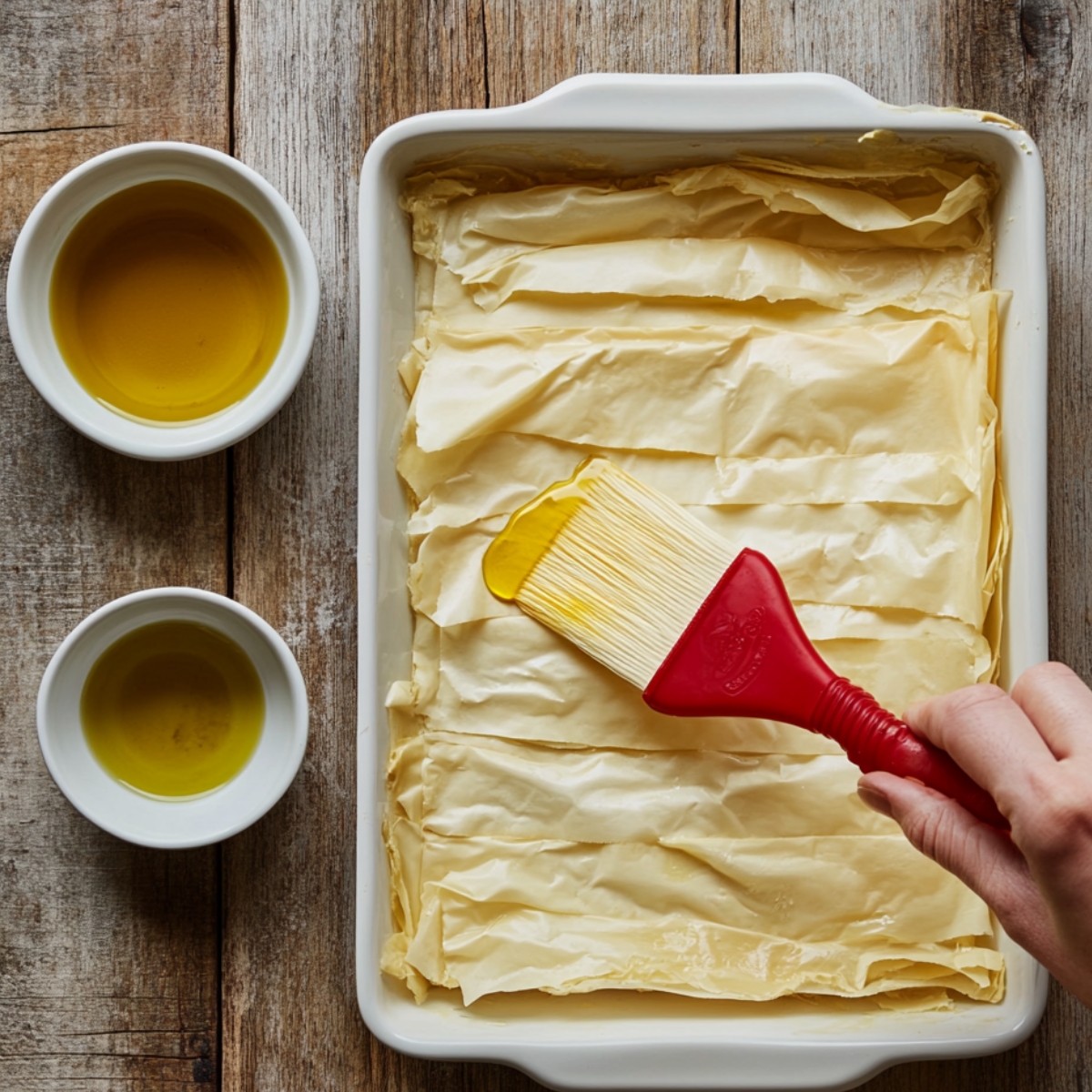 Brushing olive oil over layered phyllo dough in a white baking dish, with two bowls of oil on a rustic wooden table.
