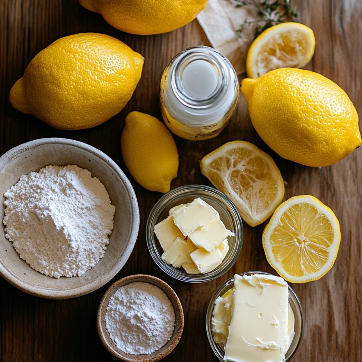 Lemons, flour, powdered sugar, and butter arranged on a wooden surface with a small glass bottle of milk, ready for homemade lemon cake.
