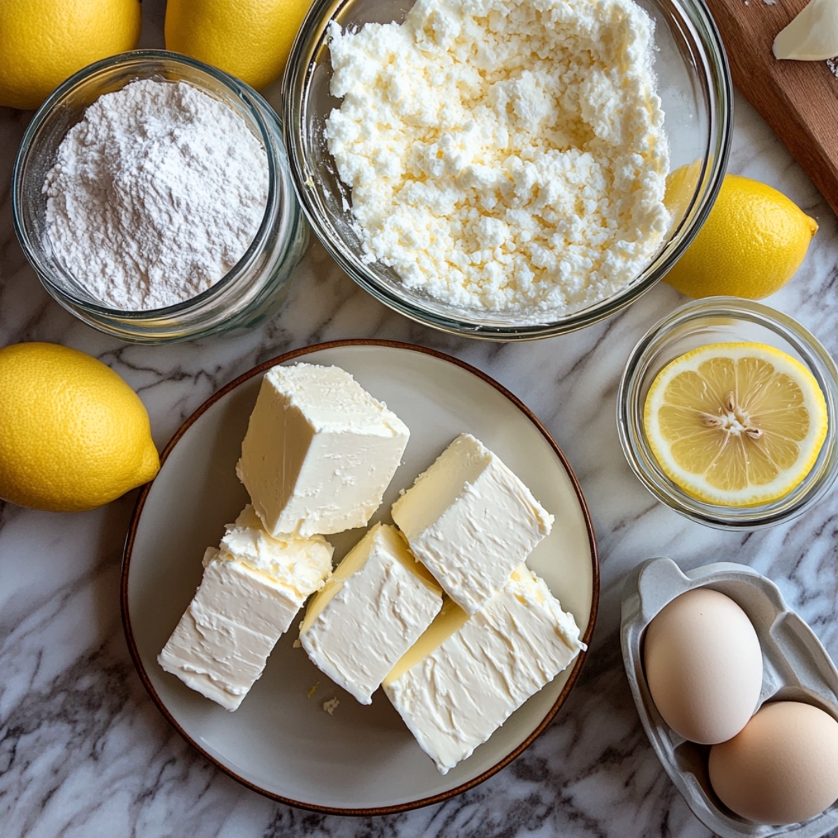 Blocks of cream cheese, flour, eggs, lemons, and sugar in bowls on a marble counter, prepared for making a homemade lemon cheesecake.