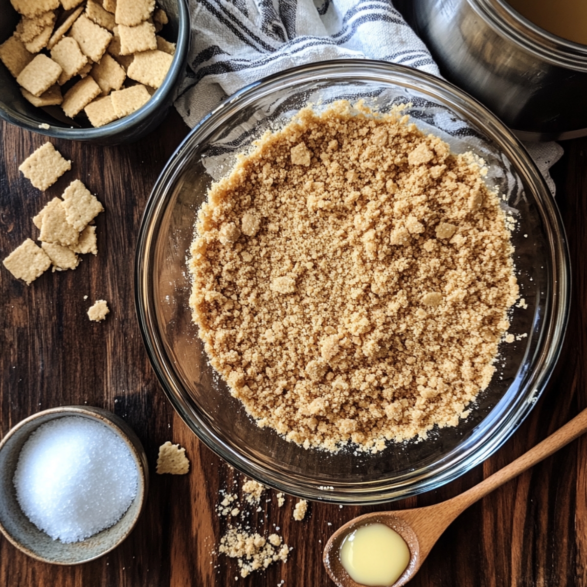 Crushed graham cracker crust mixture in a glass bowl with sugar, melted butter, and graham crackers on a wooden counter, styled for a homemade cheesecake prep scene.