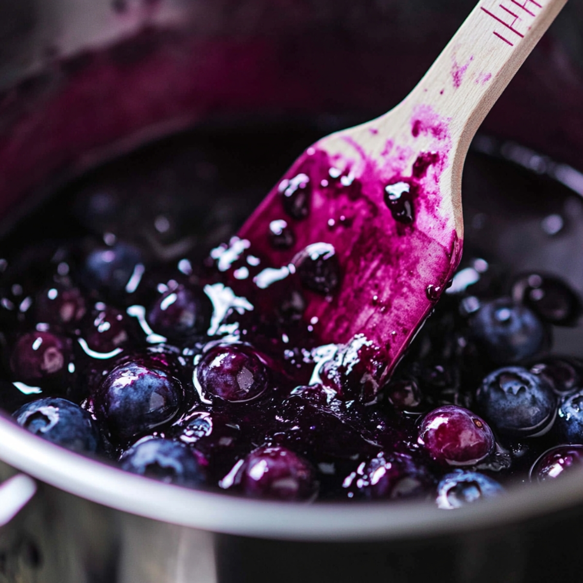 Glossy blueberry topping being stirred in a saucepan with a wooden spatula, showing whole berries and thick syrup.