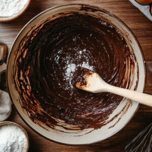 Thick chocolate brownie batter being mixed in a large bowl with a wooden spoon, flour partially folded in, surrounded by baking ingredients on a wooden counter.