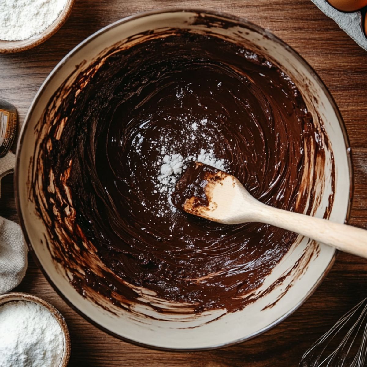 Thick chocolate brownie batter being mixed in a large bowl with a wooden spoon, flour partially folded in, surrounded by baking ingredients on a wooden counter.