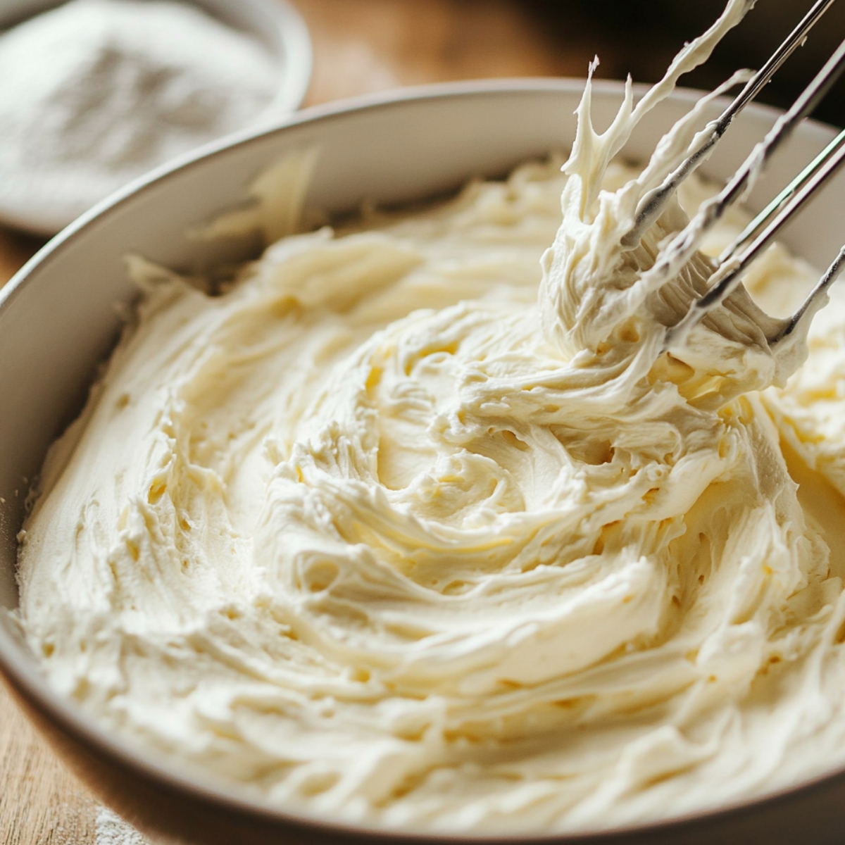 Creamy whipped cream cheese frosting in a bowl with a beater.