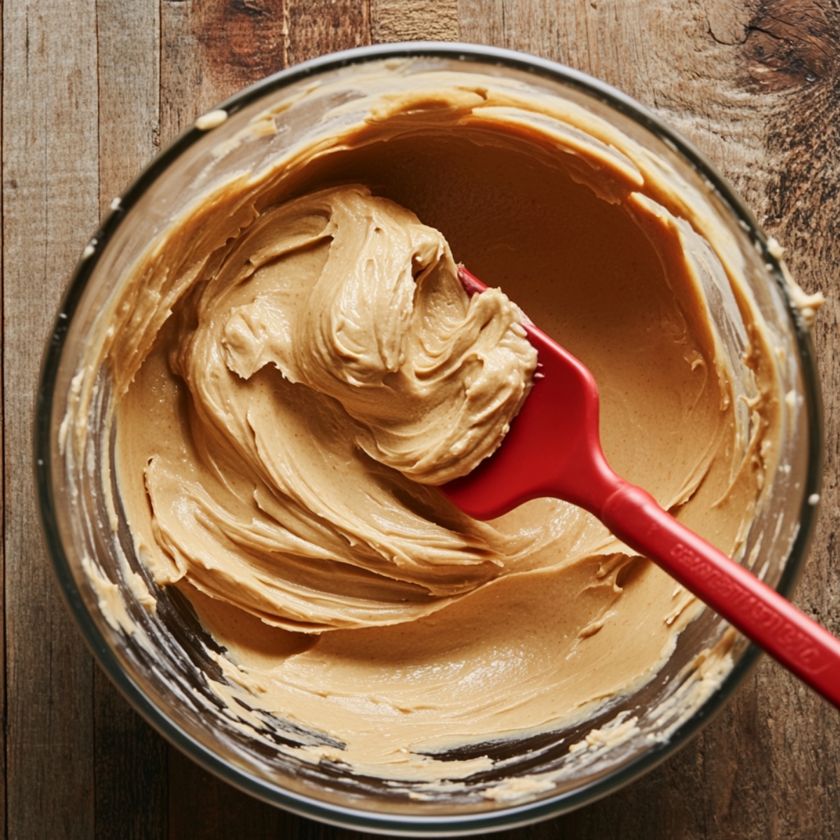 Top-down view of a glass bowl filled with thick, creamy peanut butter frosting and a red silicone spatula, set on a rustic wooden surface, showing a real homemade baking scene.