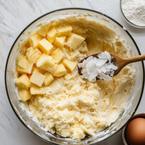 Bowl of pineapple coconut cake batter with pineapple chunks and coconut flakes being folded in, on a floured marble counter with eggs and flour nearby.