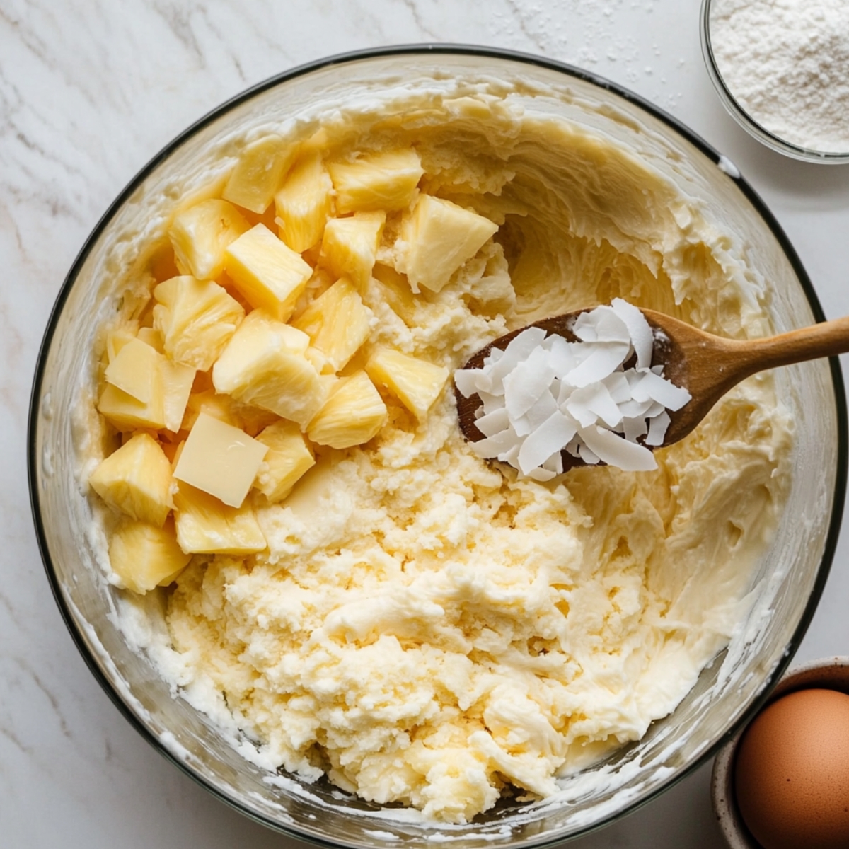 Bowl of pineapple coconut cake batter with pineapple chunks and coconut flakes being folded in, on a floured marble counter with eggs and flour nearby.