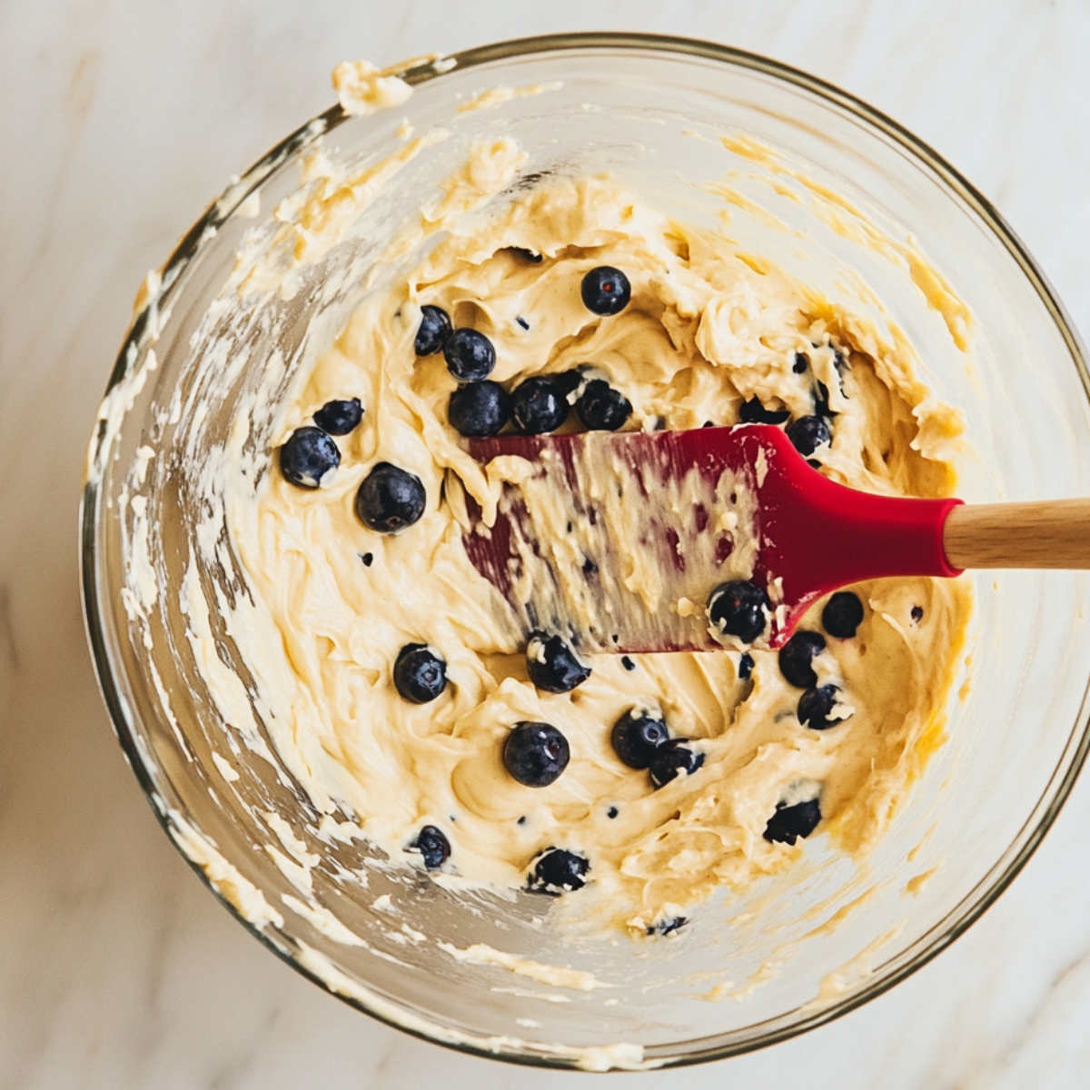 Thick lemon cupcake batter with fresh blueberries being gently folded in a glass bowl using a red silicone spatula.