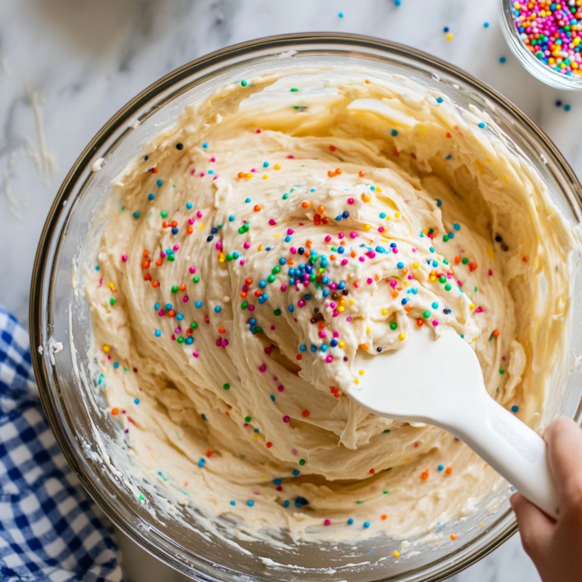 Funfetti cupcakes batter in a bowl being mixed with a spatula, topped with colorful sprinkles.
