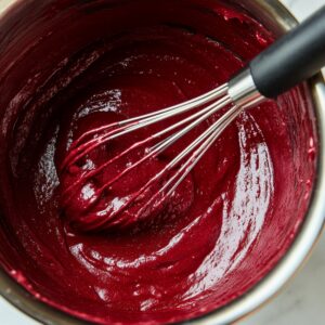 A close-up view of thick red velvet cake batter in a stainless steel mixing bowl, with a metal whisk resting inside.