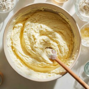Thick, creamy pineapple upside-down cake batter in a mixing bowl with a wooden spoon, surrounded by baking ingredients on a sunlit counter.