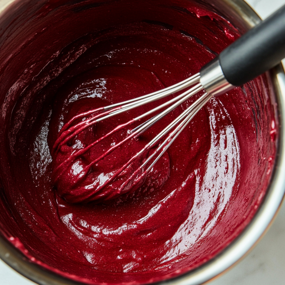 A close-up view of thick red velvet cake batter in a stainless steel mixing bowl, with a metal whisk resting inside.
