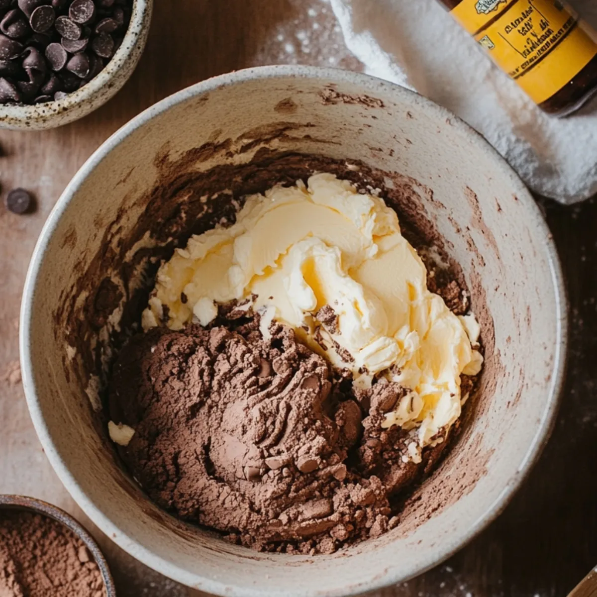 Butter and cocoa powder in a mixing bowl for chocolate cookie dough, with chocolate chips and vanilla nearby.