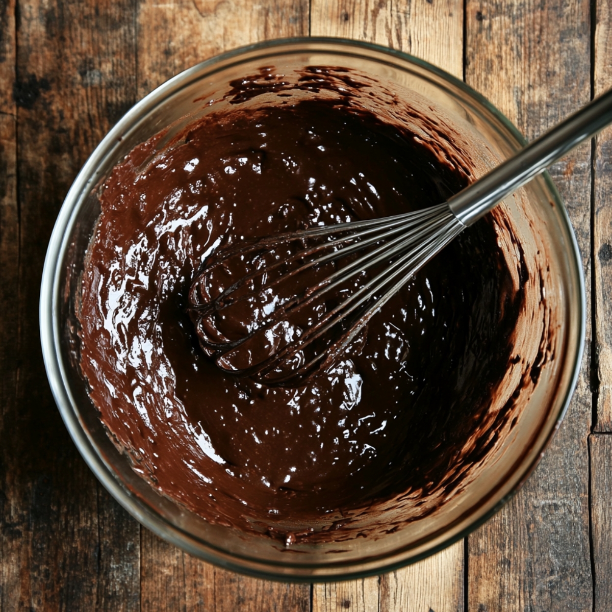 Overhead view of a glass mixing bowl filled with thick chocolate cake batter and a metal whisk, set on a rustic wooden surface, capturing a real homemade baking moment.