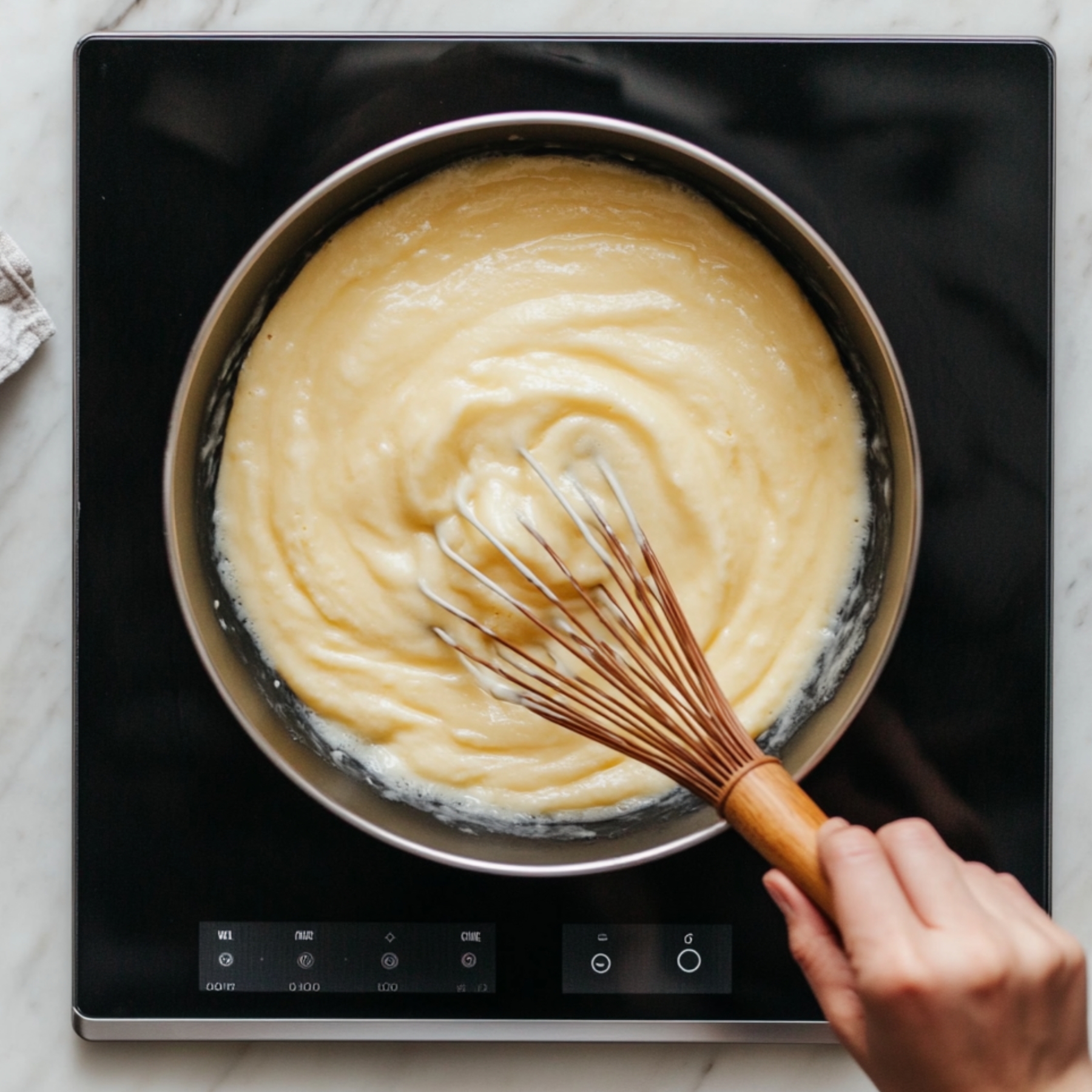 A hand whisking thick coconut cream pie filling in a saucepan on a black induction cooktop, with smooth pale yellow custard swirling on a white marble counter.
