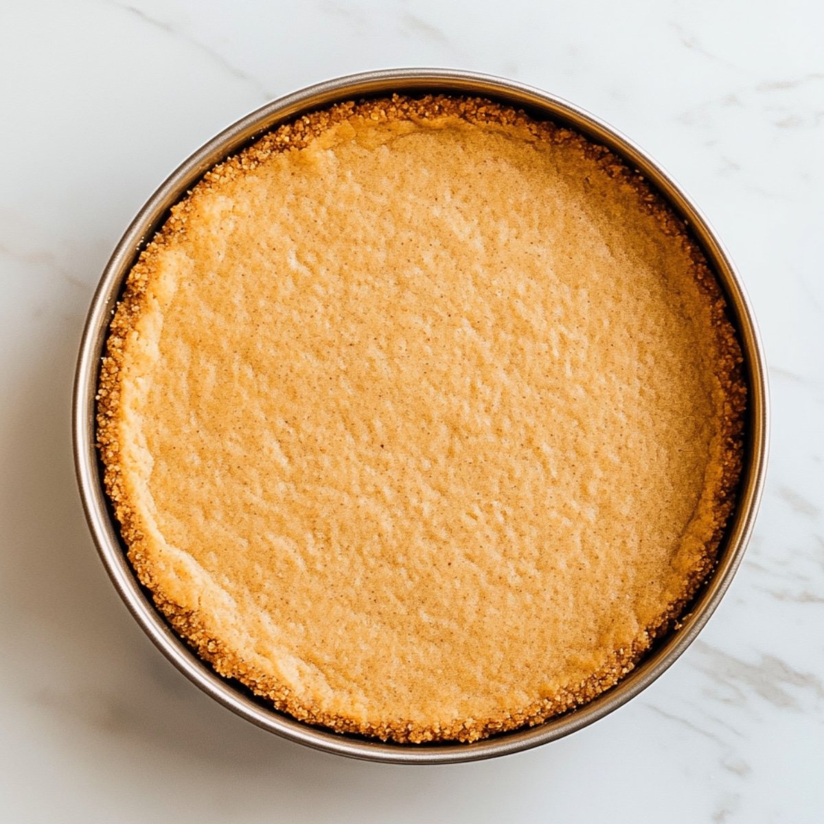 Golden graham cracker crust in a round springform pan, set on a white marble countertop, smooth and evenly baked for a homemade cheesecake.
