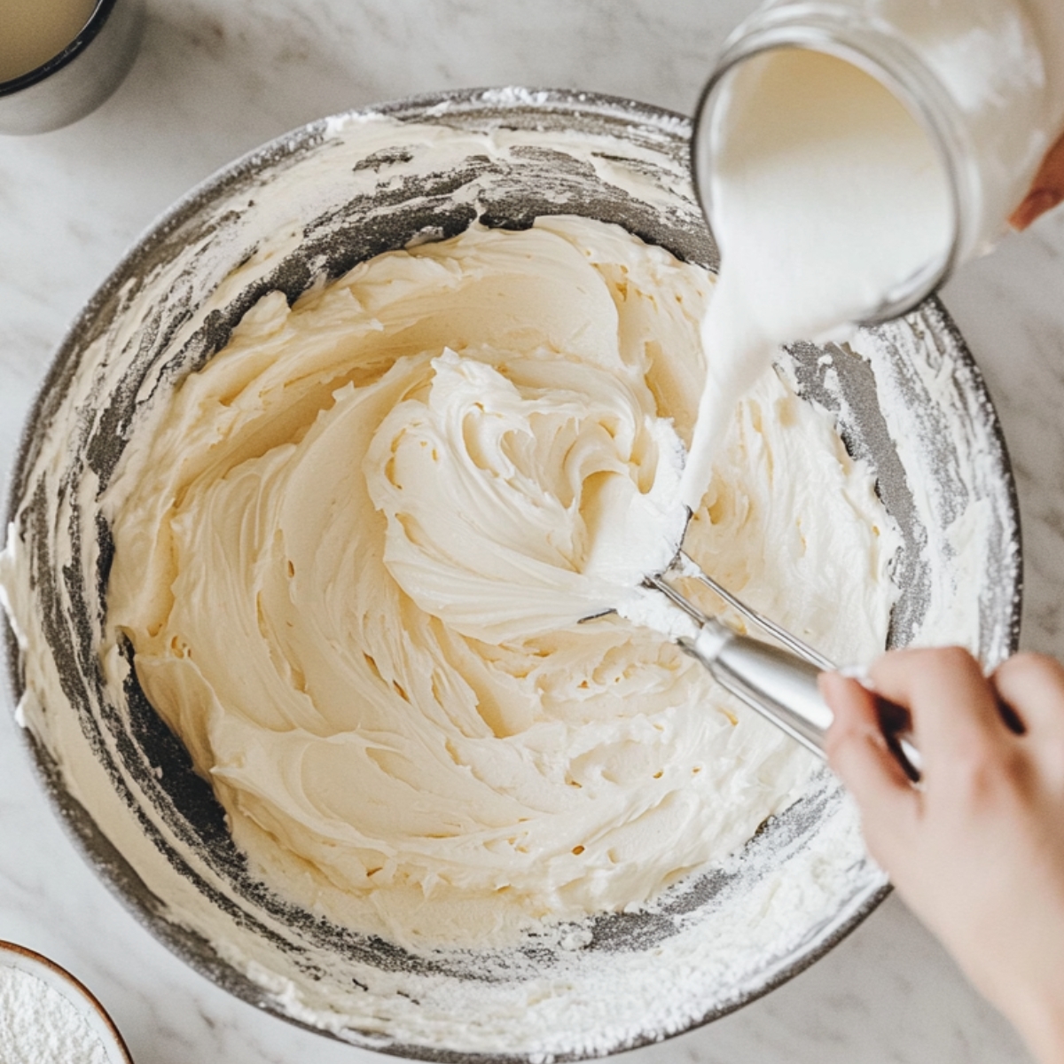 Cream cheese frosting being mixed in a bowl, with cream poured from a jar and powdered sugar around the edges on a marble counter.