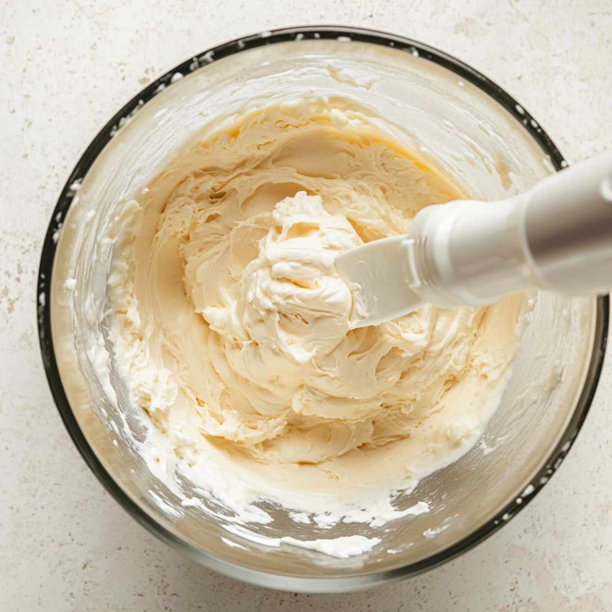A glass bowl filled with freshly whipped cream, with a spatula resting in the thick, fluffy mixture on a light kitchen counter—perfect for topping strawberry tres leches cake.