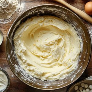 Creamed butter and sugar mixture in a mixing bowl for white German chocolate cake, surrounded by flour, eggs, and white chocolate chips on a rustic wooden counter.