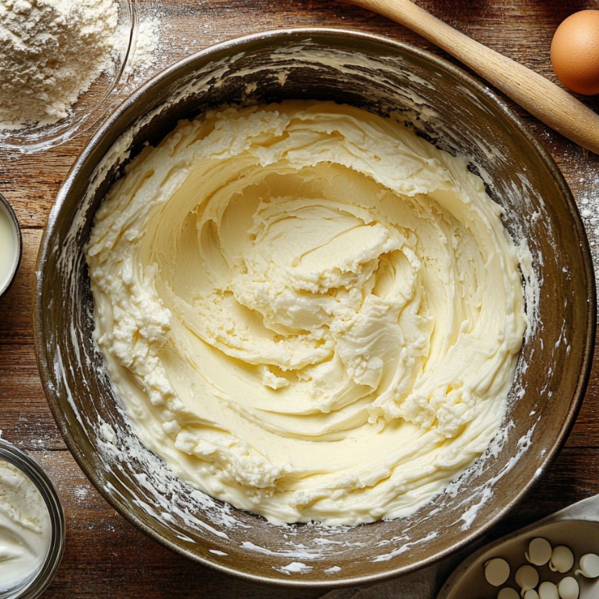Creamed butter and sugar mixture in a mixing bowl for white German chocolate cake, surrounded by flour, eggs, and white chocolate chips on a rustic wooden counter.