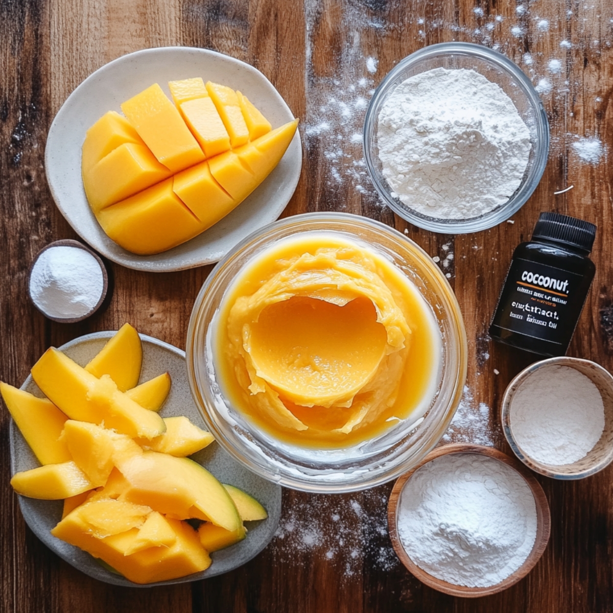 Top view of mango cake ingredients on a wooden table, including mango puree, fresh mango slices, flour, powdered sugar, baking powder, and coconut extract.