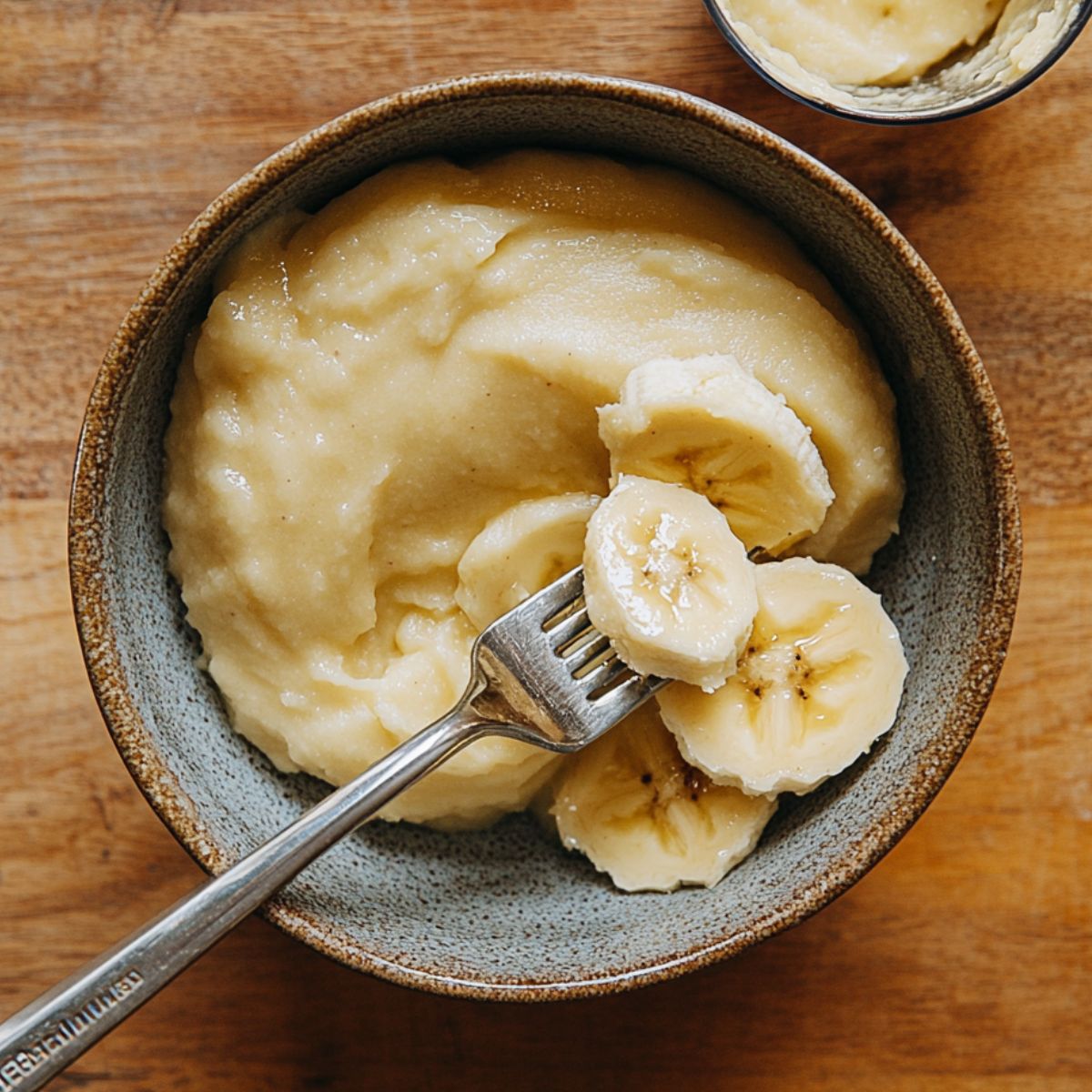 Mashed ripe bananas in a ceramic bowl with a few banana slices and a fork resting on top, set on a wooden kitchen counter.