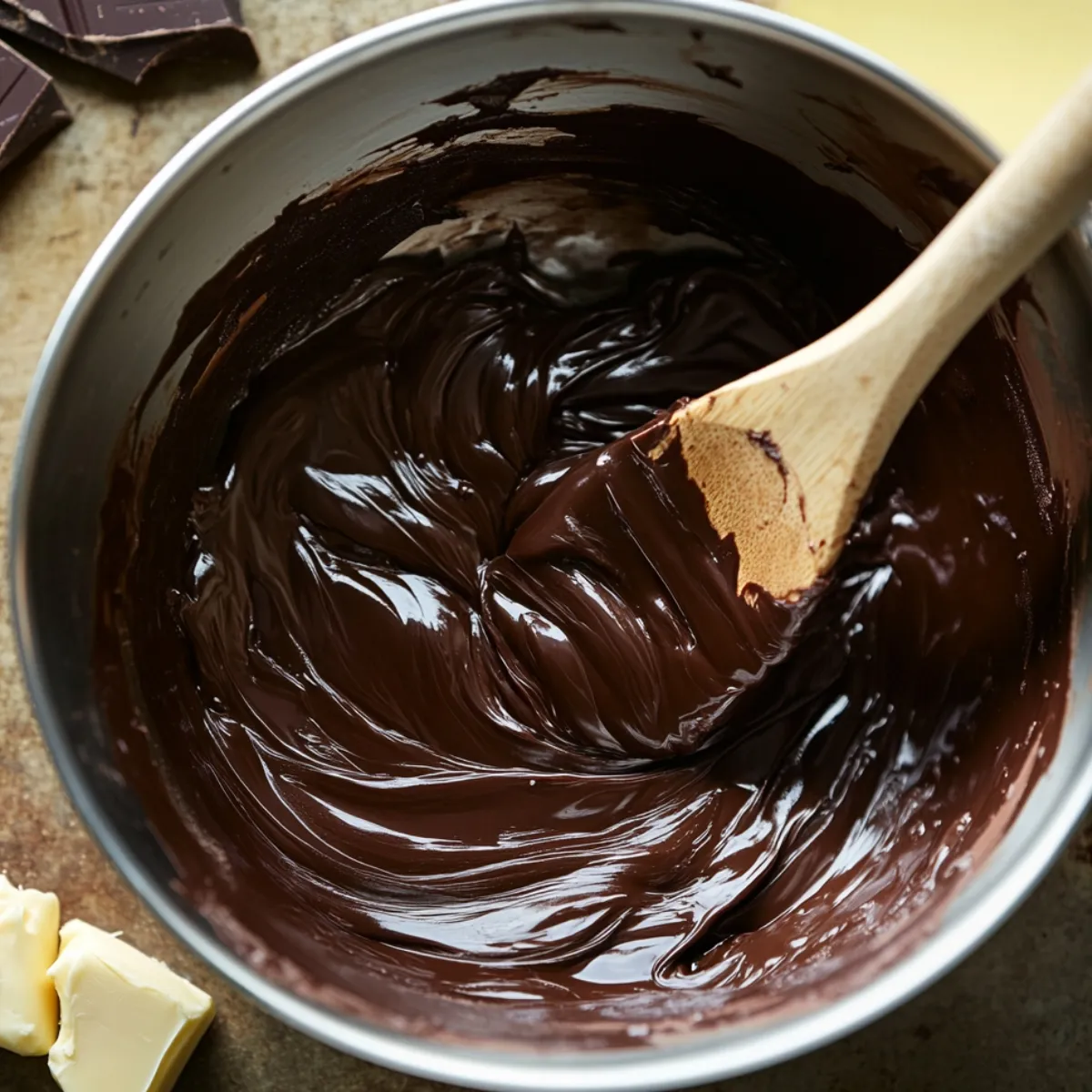 Melted chocolate and butter in a metal bowl stirred with a wooden spoon, with chocolate pieces and butter nearby on a rustic surface.