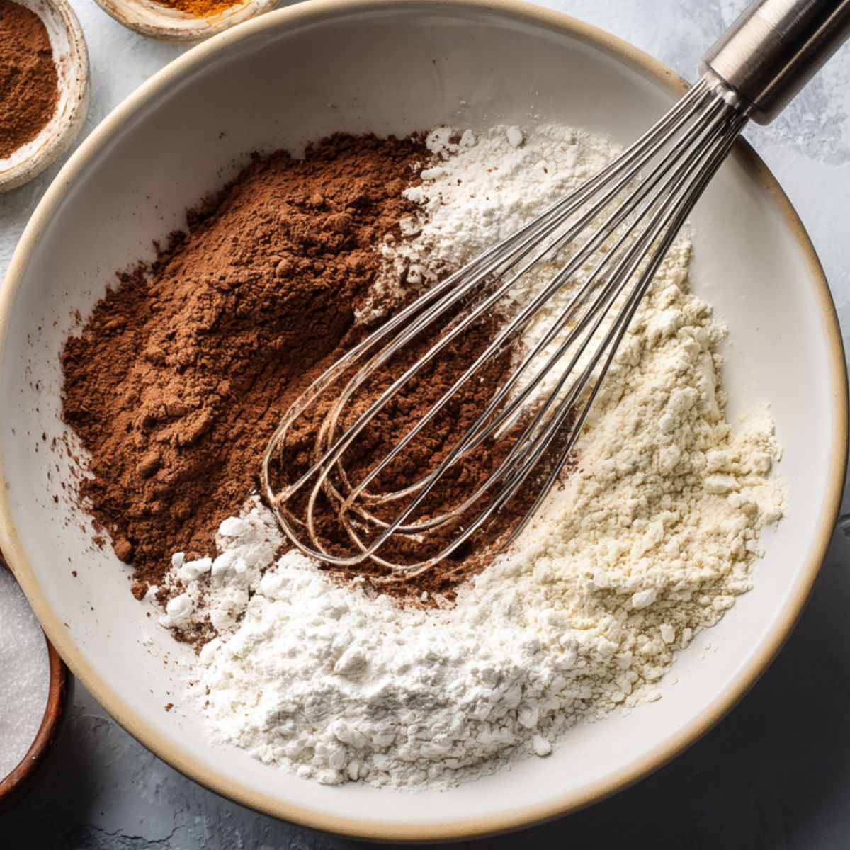 Unmixed cocoa powder, flour, and baking powder in a mixing bowl with a whisk, ready for homemade spinach brownies.