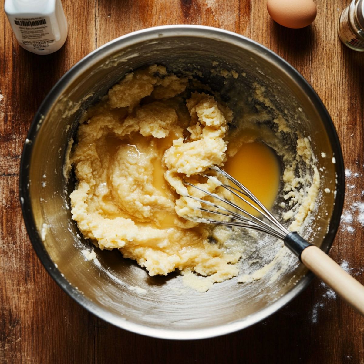 A mixing bowl with mashed banana and melted butter being whisked together on a wooden kitchen counter, with an egg and vanilla bottle nearby.