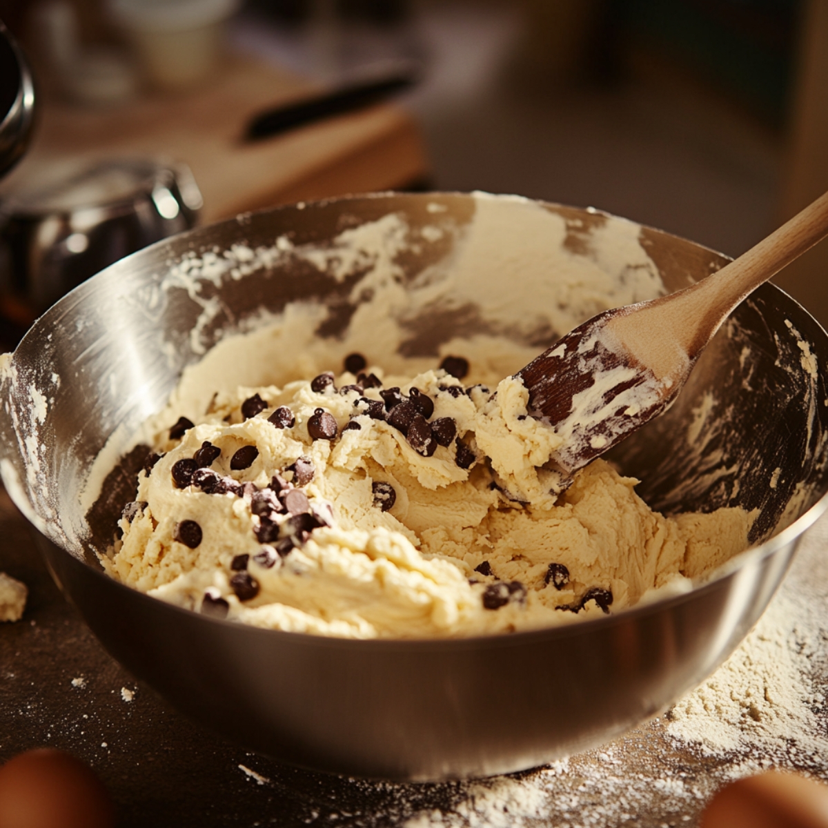 Cookie dough with chocolate chips in a metal bowl, being mixed with a wooden spatula on a floured countertop.