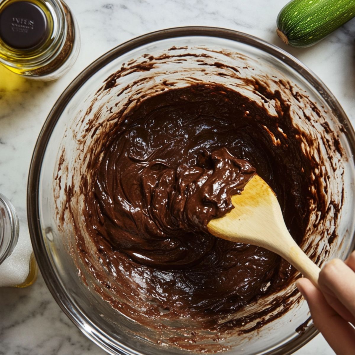 Thick chocolate muffin batter being mixed in a glass bowl with a wooden spoon on a marble countertop.